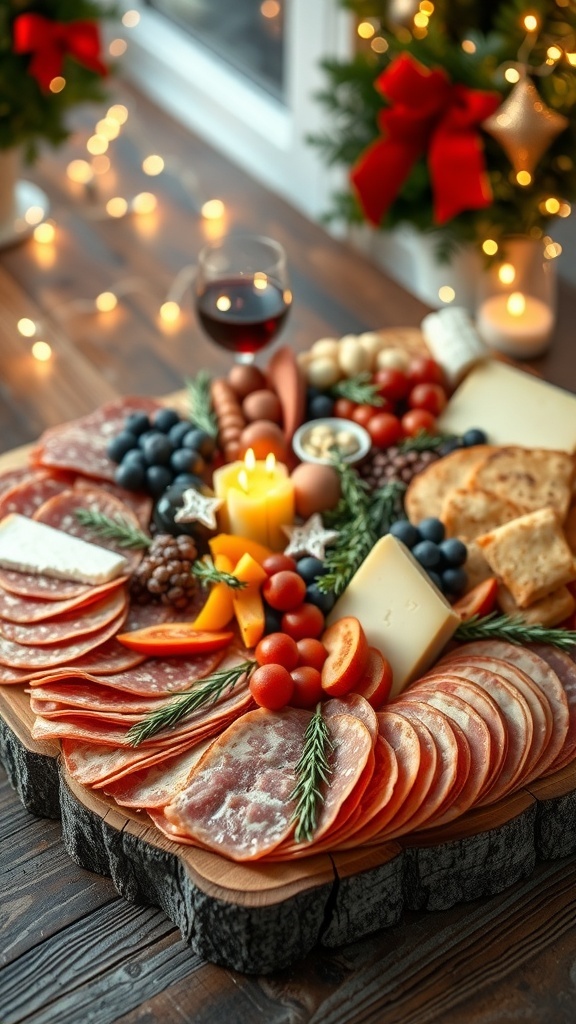 Festive Christmas Charcuterie Board Ideas A festive charcuterie board with meats, cheeses, fruits, and herbs, set on a rustic table with holiday decorations.